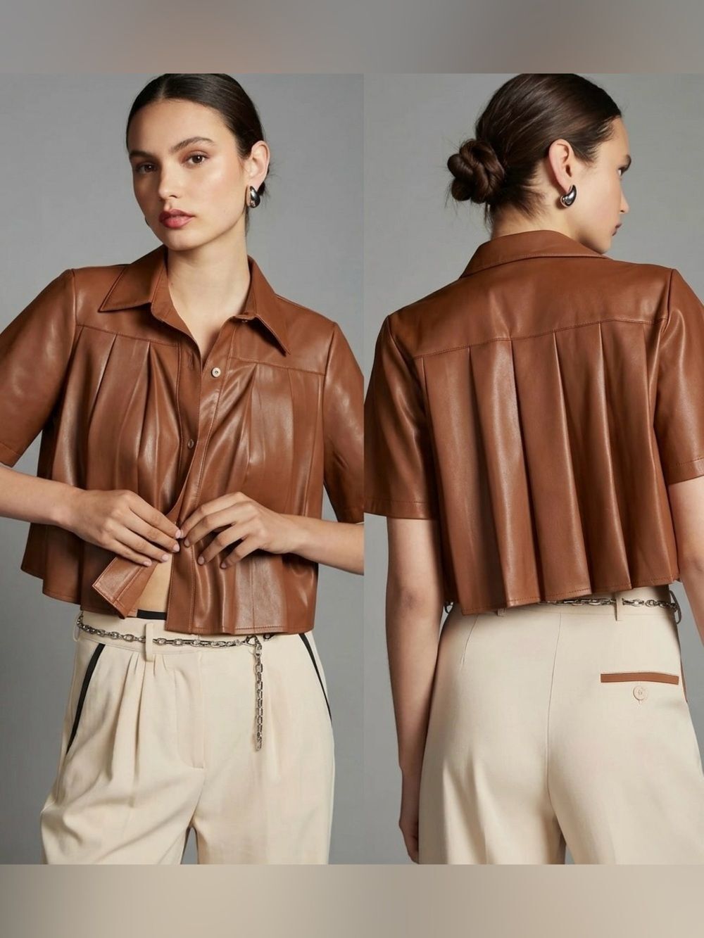 ANTHROPOLOGIE MAEVE Women’s Maeve Pleaded Faux Leather Blouse Size Small